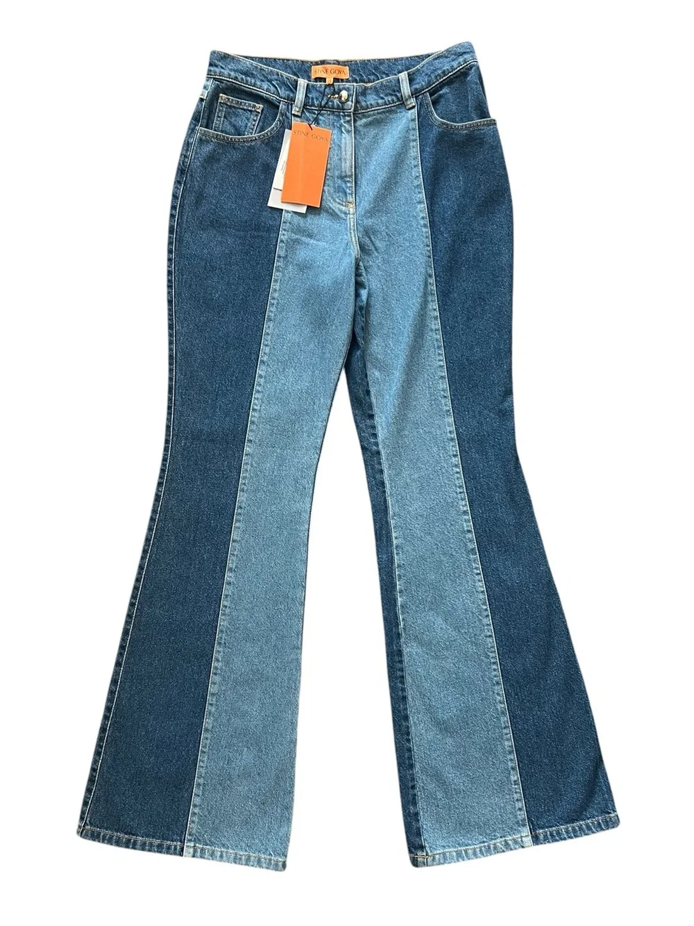Stine Goya Women’s High Rise Two Tone Flared Split Wash Jeans Size 28 NWT